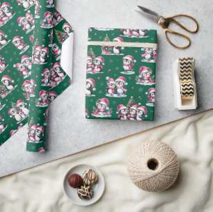 Papel De Presente Pinguim Gelado Padrão Escuro Verde e Rosa Natal