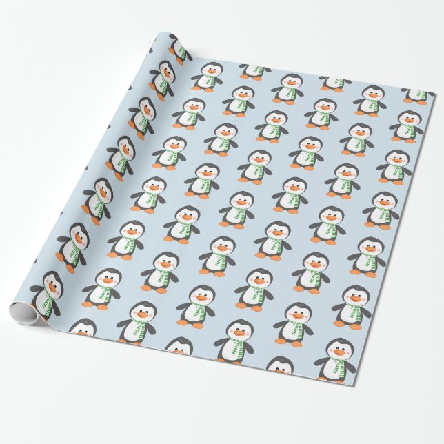 Papel De Presente Pinguim giro em azul escarf e embrulho verde para  (Desenrolado)
