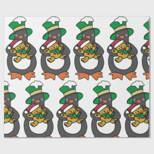 Papel De Presente Pinguim Irlandês Segurando Urso de Pelúcia de Nata