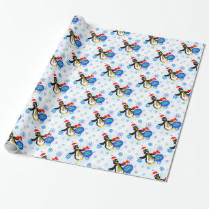 Papel De Presente Pinguim Natal e Flocos de Neve