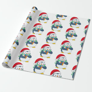 Papel De Presente Pinguim num chapéu de Natal com um presente