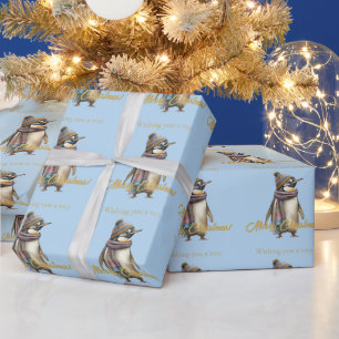Papel De Presente Pinguim numa paisagem nevada Feliz Natal