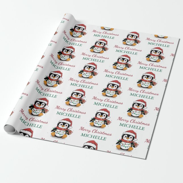 Papel De Presente Pinguim Personalizado no Natal de Santa Hat (Desenrolado)