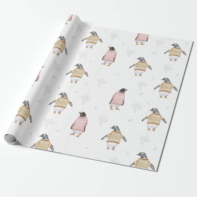 Papel De Presente Pinguim-pinguim-pássaro-de-inverno divertido Arte  (Desenrolado)