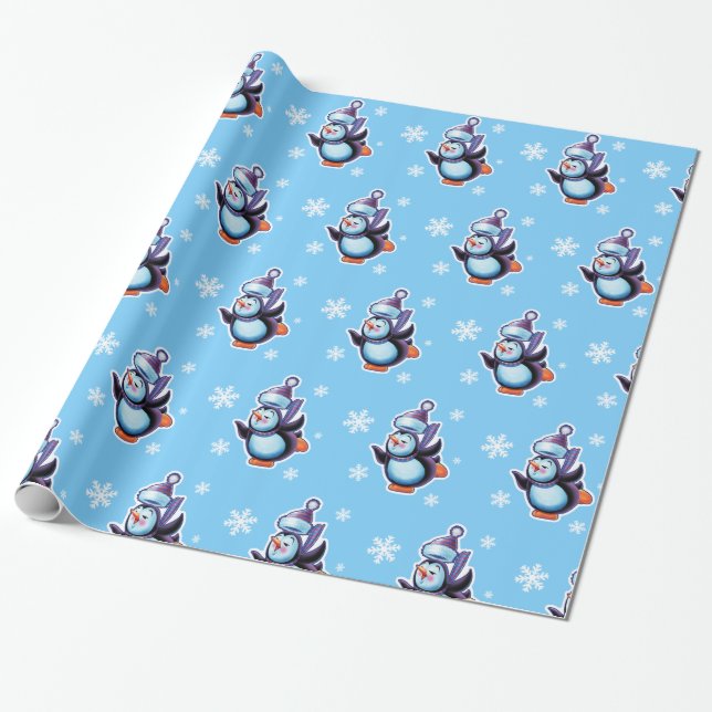 Papel De Presente Pinguim-pinguim-pinguim-brilhante, azul (Desenrolado)