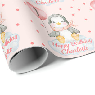 Papel De Presente Pinguim-primeiro aniversario rosa
