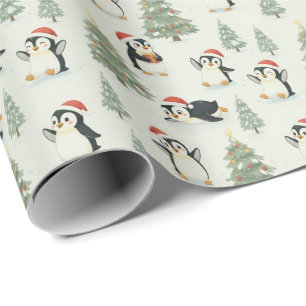 Papel De Presente Pinguins Adoráveis em Aquarela Natal Floresta Fest