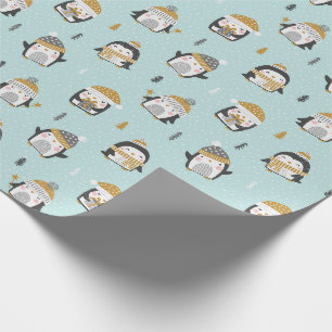 Papel De Presente Pinguins bonitos com árvores pequenas em azul clar