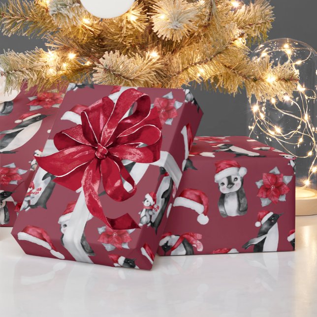 Papel De Presente Pinguins Bonitos De Chapéu De Natal Vermelho (Criador carregado)