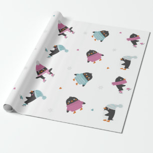 Papel De Presente Pinguins bonitos de desenho animado com corações