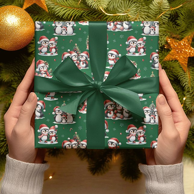 Papel De Presente Pinguins bonitos de inverno verde e Natal vermelho (Criador carregado)