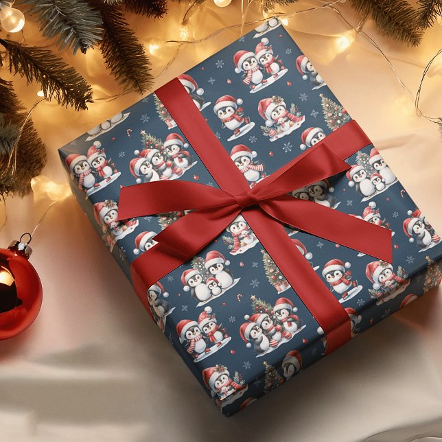 Papel De Presente Pinguins bonitos no chapéu vermelho Marinho Natal  (Criador carregado)