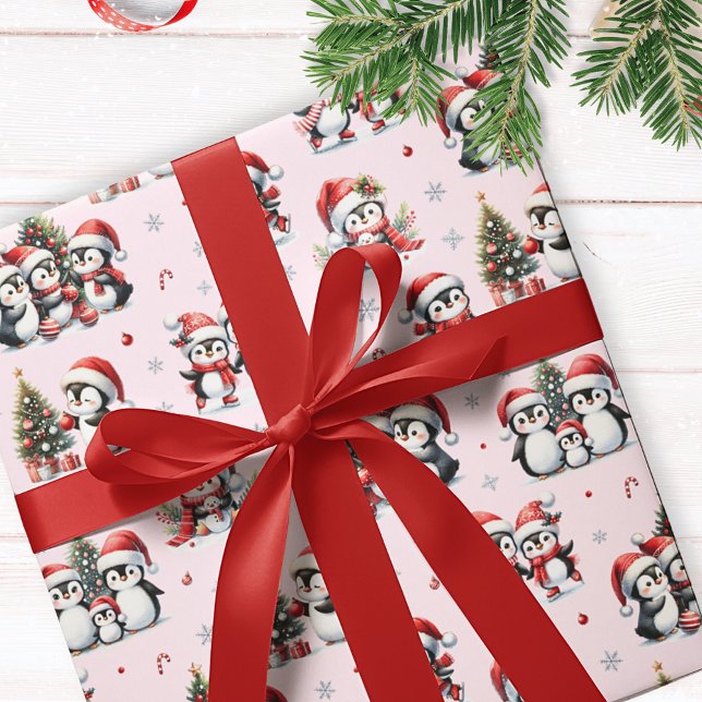 Papel De Presente Pinguins bonitos no Red Hats Diversão Rosa Natal (Criador carregado)