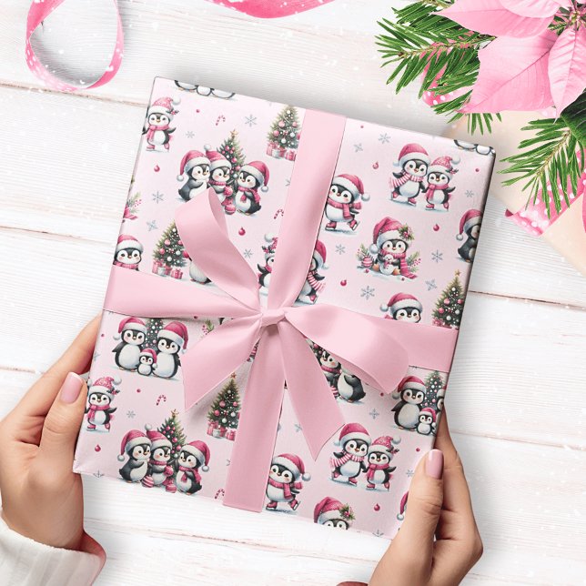 Papel De Presente Pinguins Bonitos Padrões Rosa Natal (Criador carregado)