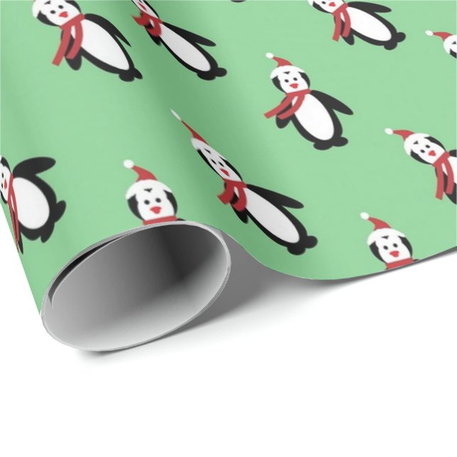 Papel De Presente Pinguins bonitos Papai Noel é um Natal Verde (Ponta do rolo)