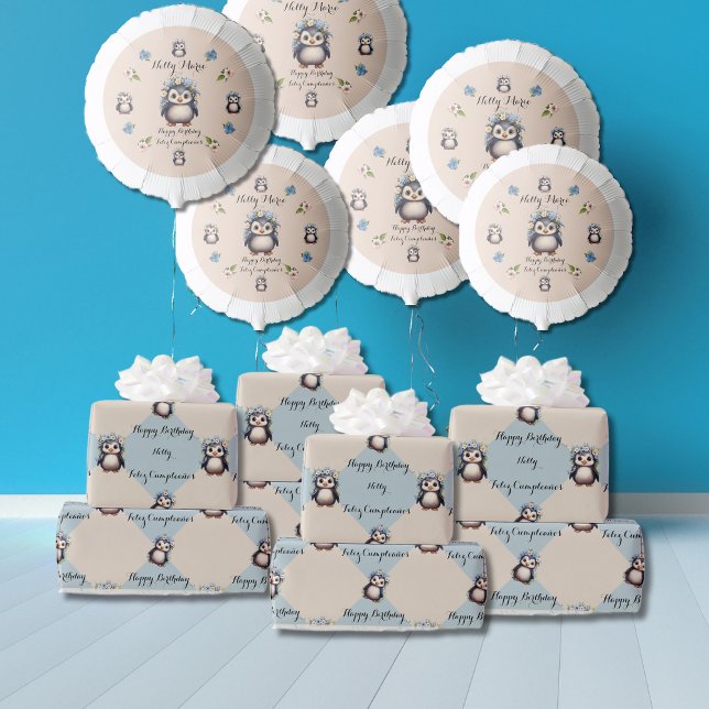 Papel De Presente Pinguins bonitos para a garota feliz aniversário b (Cute Penguins, Bilingual Wrapping Paper. Customizable, personalized. Multilingual Project)