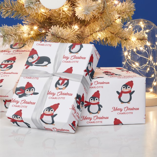 Papel De Presente Pinguins Cachorros de inverno Feliz Nome Personali (Feriados)