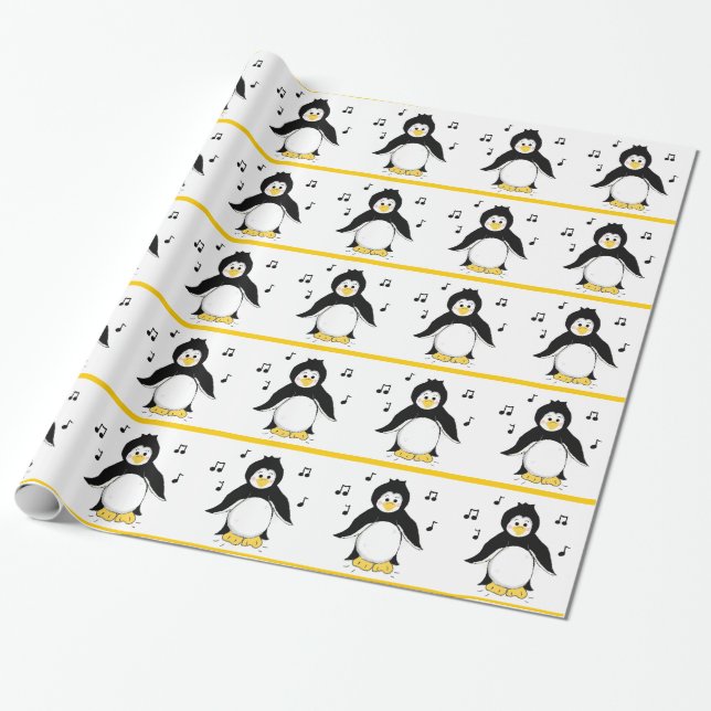 Papel De Presente Pinguins com Notas Musicais (Desenrolado)