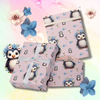 Papel De Presente Pinguins de Aquarela primavera com Flores a Rosa