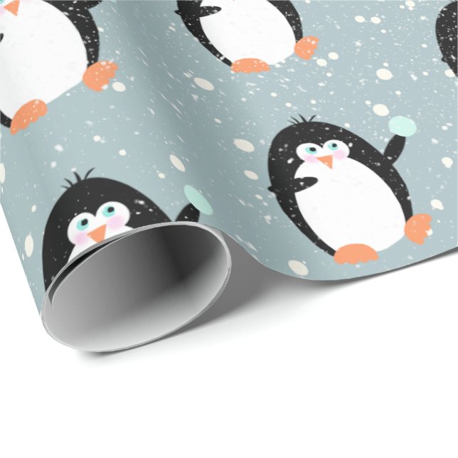 Papel De Presente Pinguins De Natal Com Papel De Molho De Neve (Ponta do rolo)