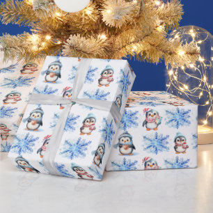 Papel De Presente Pinguins de Natal e Flocos de Neve