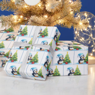 Papel De Presente Pinguins de Natal em Aquarela