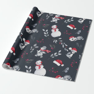 Papel De Presente Pinguins de Natal Vermelho e Branco e Carvões de 