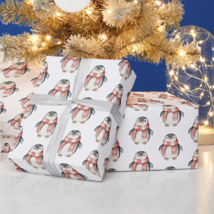 Papel De Presente Pinguins de Pepperminta Vermelhos Natal