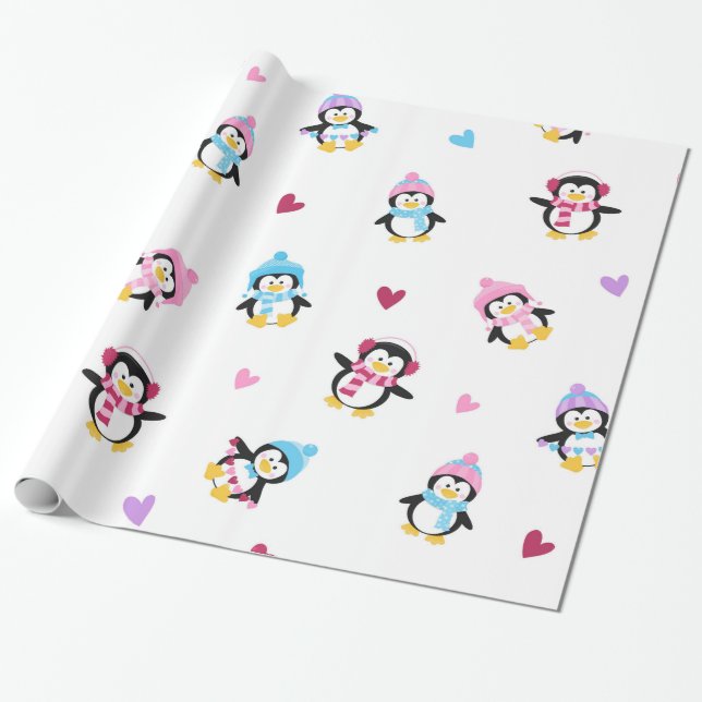 Papel De Presente Pinguins de Reprodução Bonitos e Coloridos (Desenrolado)