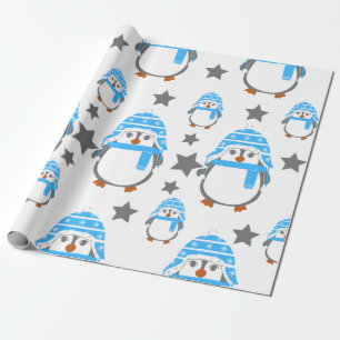 Papel De Presente Pinguins e estrelas divertem-se azul