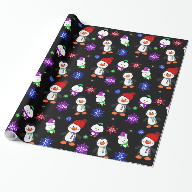 Papel De Presente Pinguins e Flocos de Neve Frescos de Natal (Desenrolado)
