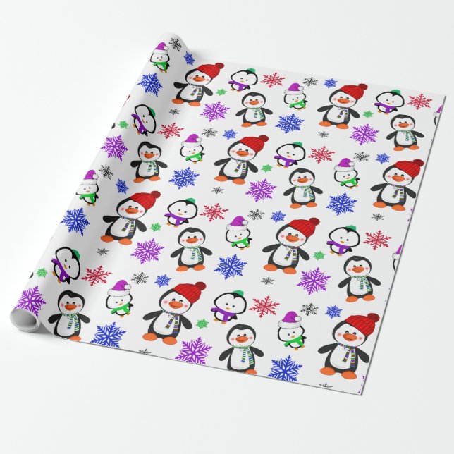 Papel De Presente Pinguins e Flocos de Neve Frescos de Natal (Desenrolado)