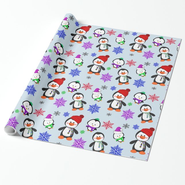 Papel De Presente Pinguins e Flocos de Neve Frescos de Natal (Desenrolado)