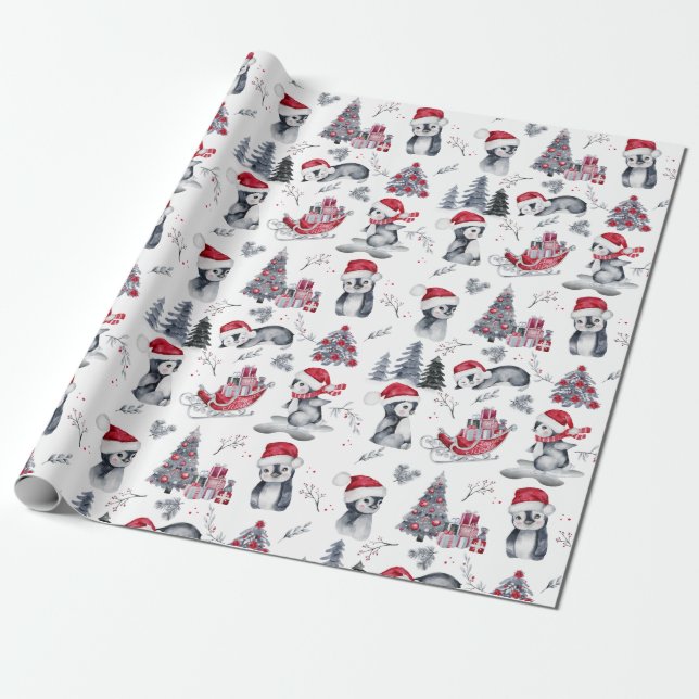 Papel De Presente Pinguins em Santa Hats Padrões da Cena de Inverno (Desenrolado)