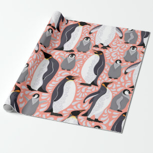 Papel De Presente Pinguins imperadores e seus filhotes em um padrão