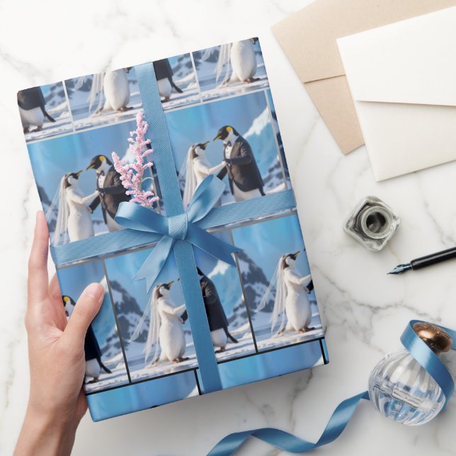 Papel De Presente Pinguins Noivos Dançando No Gelo (Presentear)