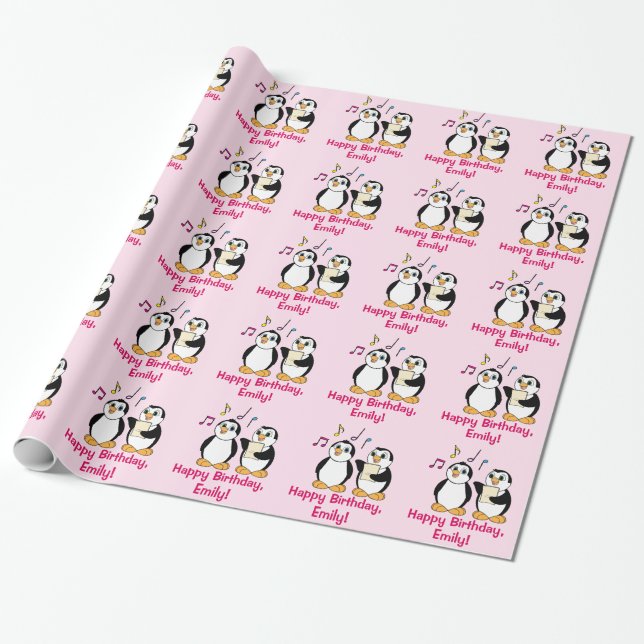 Papel De Presente Pinguins que cantam o nome do feliz aniversario (Desenrolado)