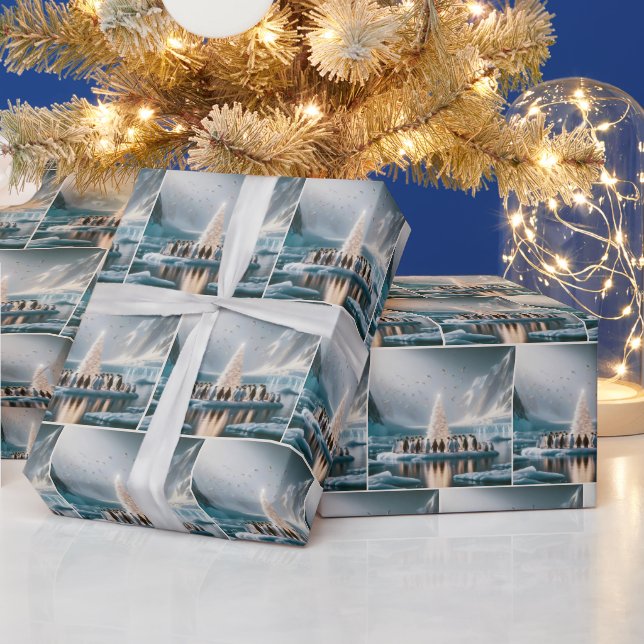 Papel De Presente Pinguins reunidos em torno de uma árvore de Natal  (Feriados)