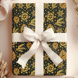 Papel De Presente Pinha Rústica Dourada Verde Natal Ano Novo