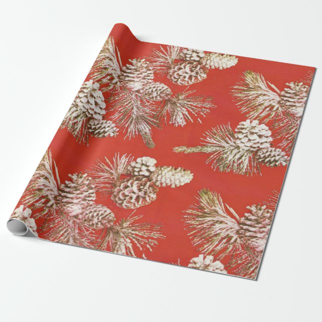Papel De Presente Pinhas de Natal Dourado Brilho Vermelho (Desenrolado)