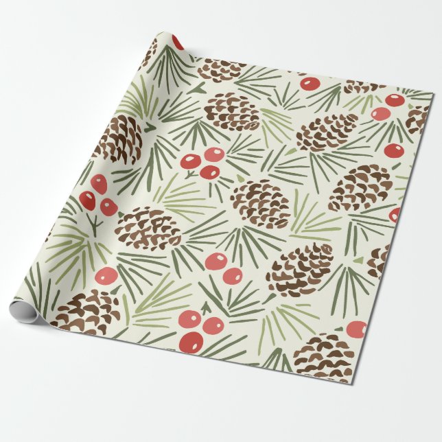 Papel De Presente Pinhas e Bagas de Inverno (Desenrolado)