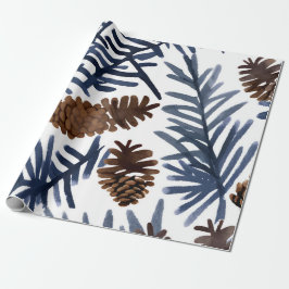 Papel De Presente Pinhas e Galhos | Pintura de Inverno em Aquarela