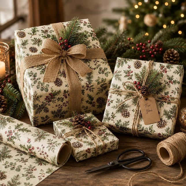 Papel De Presente Pinhas Rústicas Evergreen Azevinho Masculino  (Criador carregado)