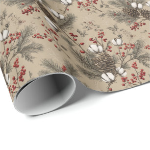 Papel De Presente Pinhas Rústicas, Ramalhetes de Algodão e Bagas Ver