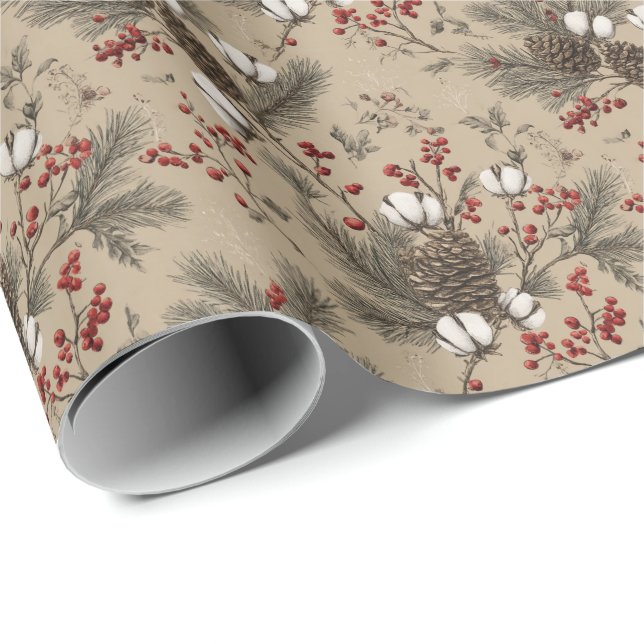 Papel De Presente Pinhas Rústicas, Ramalhetes de Algodão e Bagas Ver (Ponta do rolo)