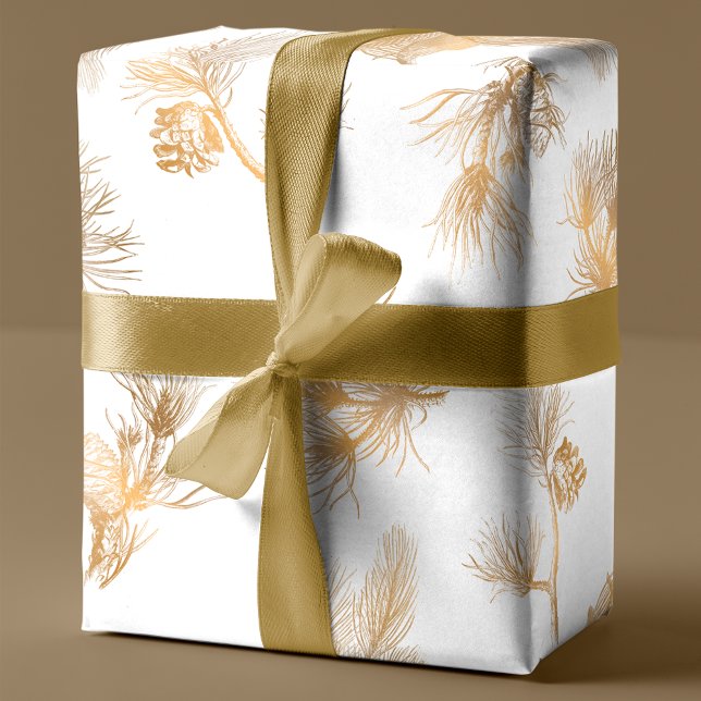Papel De Presente Pinheiro de inverno Dourado gravado Elegante (Criador carregado)