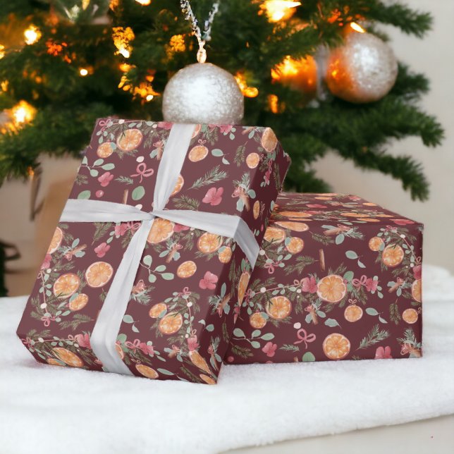 Papel De Presente Pinheiro-de-laranja-festivo Vermelho-marmoreado (Festive Orange Pine floral Watercolor Holiday red Wrapping Paper)