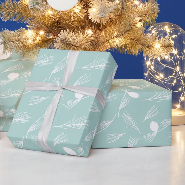 Papel De Presente Pinheiro de Natal bonito, azul e branco (Feriados)