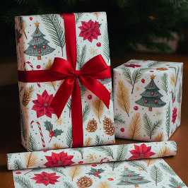 Papel De Presente Pinheiro Festivo, Árvore de Natal Poinsettia