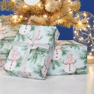 Papel De Presente Pinheiro Rosa Branco Boneco de Neve Menina